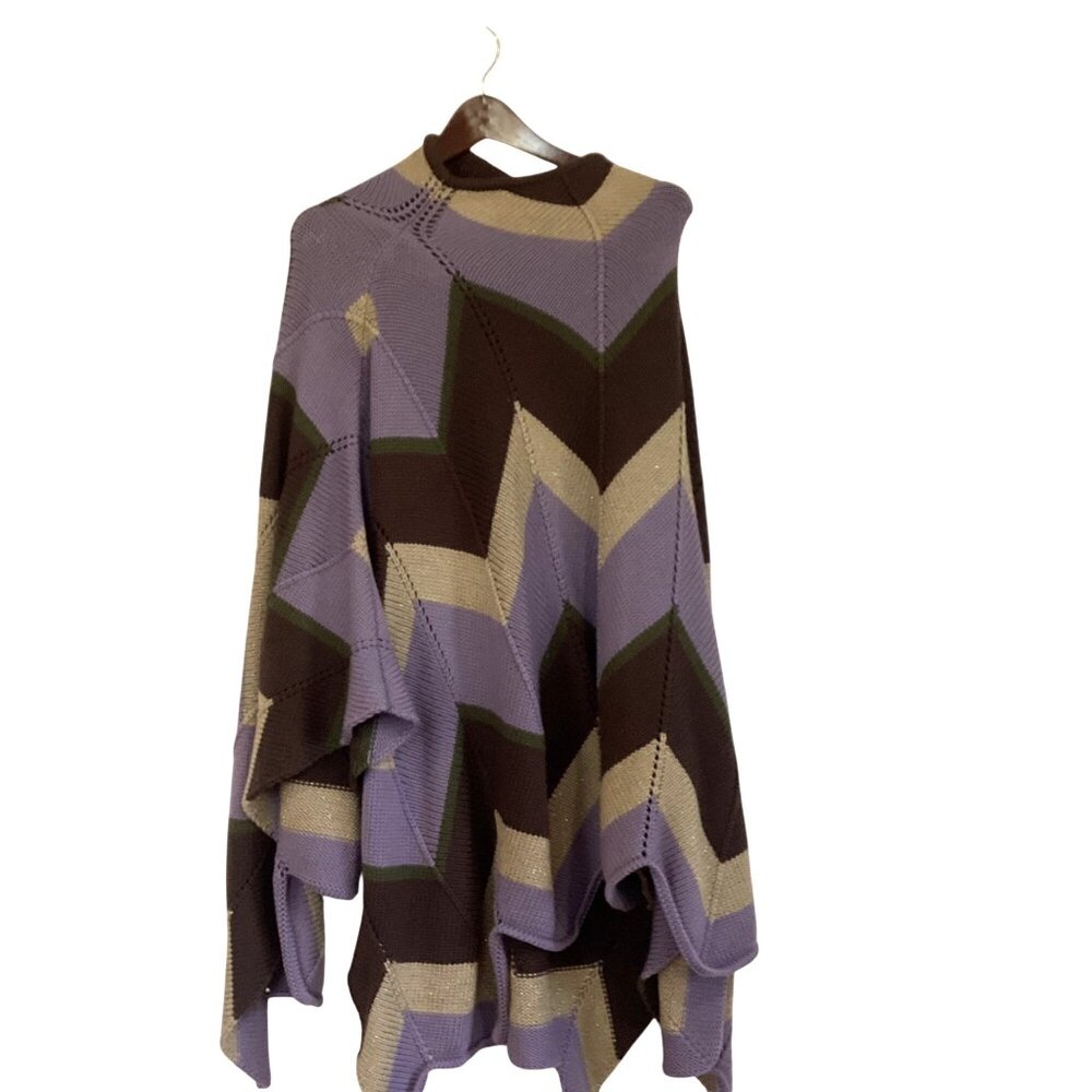 Poupa Chevron Knit 100% Wool Poncho Sweater